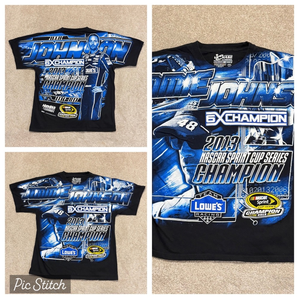 Jimmie Johnson T-Shirt Mens Large Black Blue 2013 NASCAR 6X Champion Cars AOP